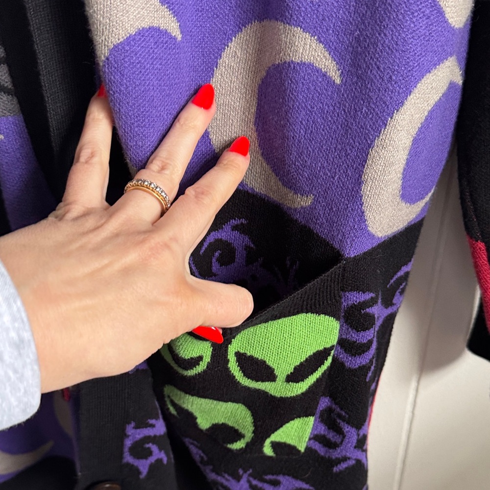 Disturbia Patchwork Open Cardigan in Black, Purple, Green & Red - Picture 6 of 10